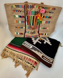 New Emfasis Embroidered Tweed Bag & 2 Vintage Mexican Wool Blankets