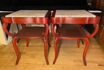 Pair Of Marble Top Two Tier End Tables