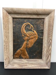 MCM Copper Relief Plaque Figurative Image Lot 2 12x16 Wood Frame