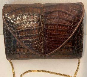 Raphael Salato Vintage Crocodile Brown Handbag, Gold Chain, Clutch