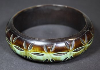 Molded And Carved Green And Brown Bakelite Bangle Bracelet