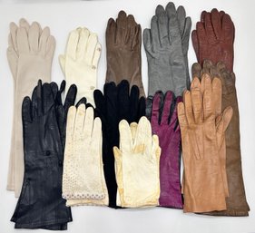 11 Pairs Vintage Women's Gloves, Mostly Leather