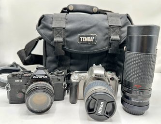 2 Cameras By Nikon & Olympus, Tamron Zoom Lens In Camera Bag