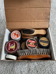 Box Of Shoe Shining Brushes And Shoe Polishes