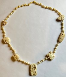 Vintage 1940s Handcrafted Bone Necklace With Animal Figures Signed JR