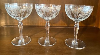 Antique Trio Of Etched Champagne Glasses - Iris Design