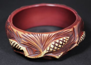 WILD Vintage Carved Bakelite Plastic Pinecone Wide Bangle Bracelet