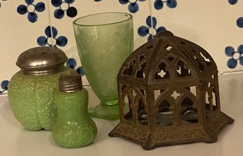 Uranium Glass Cup, Twine Holder And Green Glass