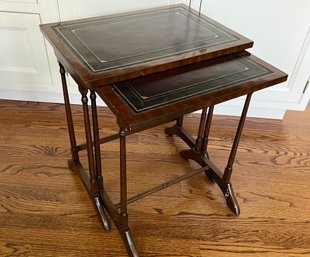 Leather Inset & Burled Wood Nesting Side Tables- Gold Accents