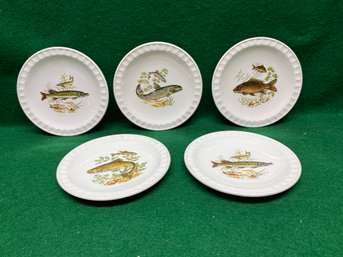 Five Vintage 5' Fish Plates Weatherby Hanley England. Falcon Ware. Rainbow Trout, Brown Trout, Carp, Pickerel.