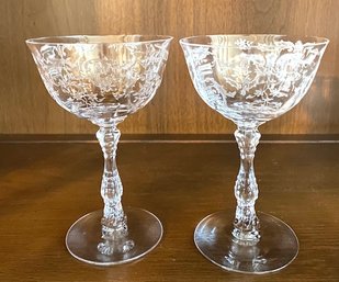 Antique Pair Etched Panelled And Flared Champagne Glasses