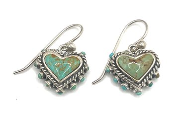 Gorgeous Vintage Sterling Silver Turquoise Ornate Heart Earrings