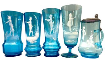 5 Pieces Turquoise/light Blue Antique Mary Gregory Hand Decorated Glassware.