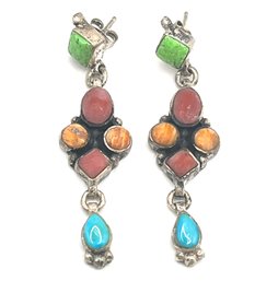 Vintage Sterling Silver Turquoise And Coral Dangle Earrings