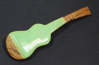 Vintage Wood And Green Bakelite Plastic Guitar Brooch Pin