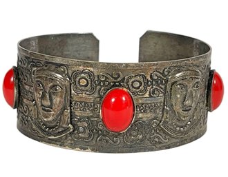 Vintage Silver Tone Asian Style 1920s Cuff Bracelet W Red Cabochon Stones