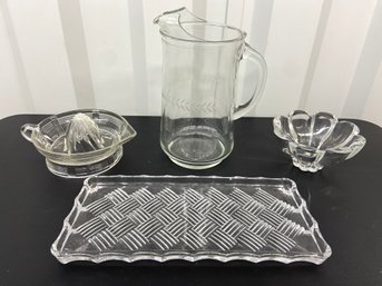 Clear Glass Collection - Etched Pitcher, Juicer, Bowl And Serving Platter No Chips