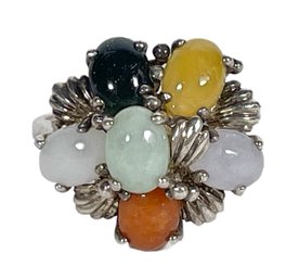 Sterling Silver 925 Gemstone Ring W Various Colored Jade Stones