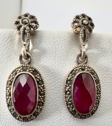 BEAUTIFUL STERLING SILVER FACETED RUBY & MARCASITE DANGLE EARRINGS