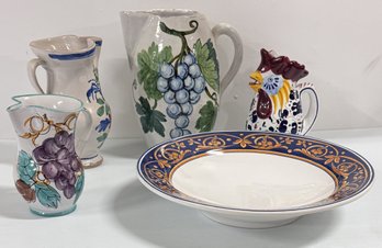 4 Vintage Ceramic, Hand- Painted Pitchers, Bassanox 15 In. Nova Deruta Pasta Bowl & Decorative Wine Box