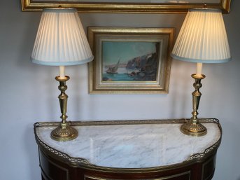 Very Pretty Pair Of Gilt Brass Candlestick Lamps With Pleated Shades - Very Nice Pair - Measures 22-1/2' Tall