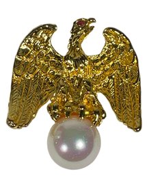 Signed Gold Tone Eagle Brooch W Large Faux Pearl By Ann Hand