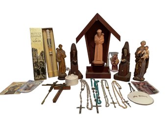 This Is A Grouping Of Vintage & New Religious Items Including, Blessed Candles, Figurines, Rosary Beads & More