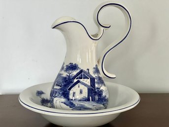 Hand Painted Blue And White Portuguese Porcelain Wash Basin And Pitcher