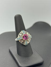 Amazing Blue Topaz & Pink Sapphire Sterling Silver Cocktail Ring