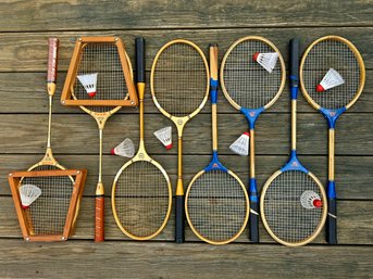 Badminton Anyone? Grouping Of Eight Vintage Badminton Rackets & Birdies