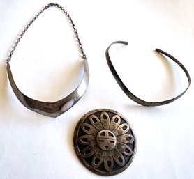 2 Vintage Mexican Sterling Silver Choker Necklaces, 1 With Natural Stone & Large Mexican Pendant/pin