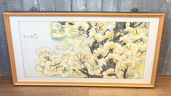 Framed Chinese Birds & Flowers Watercolor On Silk
