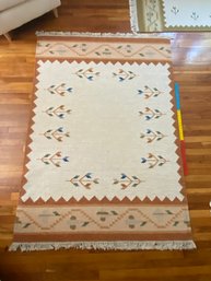 Kilim Dhurrie White And Brown Wool Area Rug 4ft7inx6ft7in Clean Excellent Condition