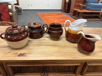 5 Pc. Brown Pottery Including Small Bean Pot