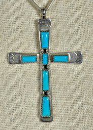 Sterling Silver Necklace Large Turquoise Cross Pendant