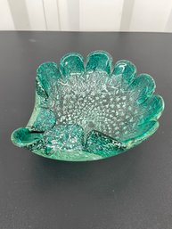 Hand Blown Blue Green Glass Bowl Decorative Scalloped Edges 7in