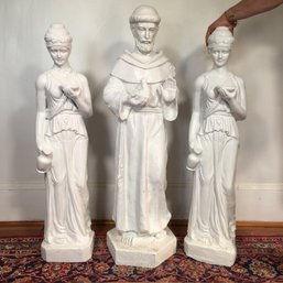 Group Of Three Vintage Garden Statues - Saint Francis Of Assisi And Two Fair Maidens