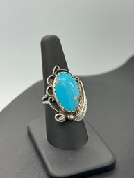 Wonderful Signed Navajo Turquoise Ring In Sterling Silver
