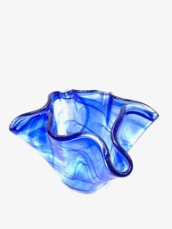 Weighted Blue Swirl Ruffled Art Glass Console Bowl