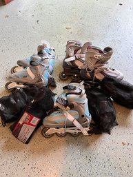 A Collection Of Roller Blades And Equipment - 2 Kids Size 8 - One Women's Size 9