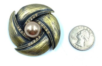 Bronze Tone Spherical Brooch With Faux Champagne Pearl Accent