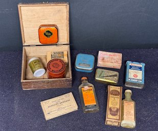 Antique Tins, Glass Bottle, Soaps, Carved Wood Box-Lot Contains Typical Turn-Of-The-Century First Aid Supplies