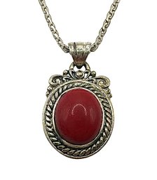 Vintage Sterling Silver Serpentine Chain With Red Oval Agate Stone Pendant