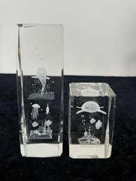 Pair Of Laser Etched Under The Sea Glass Paperweight