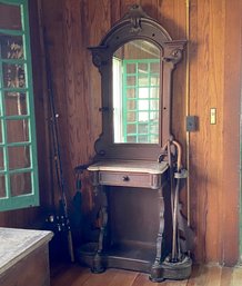 Antique Oak Hall Tree With Mirror With Lots Of Details