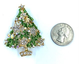 Goldtone Christmas Tree Brooch With Rhinestone Accents