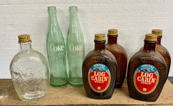 Vintage Bottle Lot ~ 5 Bicentennial Flask Log Cabin Syrup & 2 Coke Bottles  ~