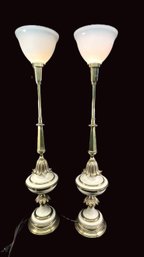 Tall Pair Of Stiffel Vintage Brass And Enamel Torchiere Lamps With Signed Milk Glass Shades