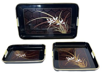 Set Of Three Black Laquerware Trays Made In Japan