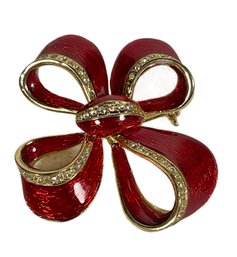 Fine Gold Tone 1980s Costume Bow Formed Brooch Deep Red Enamel